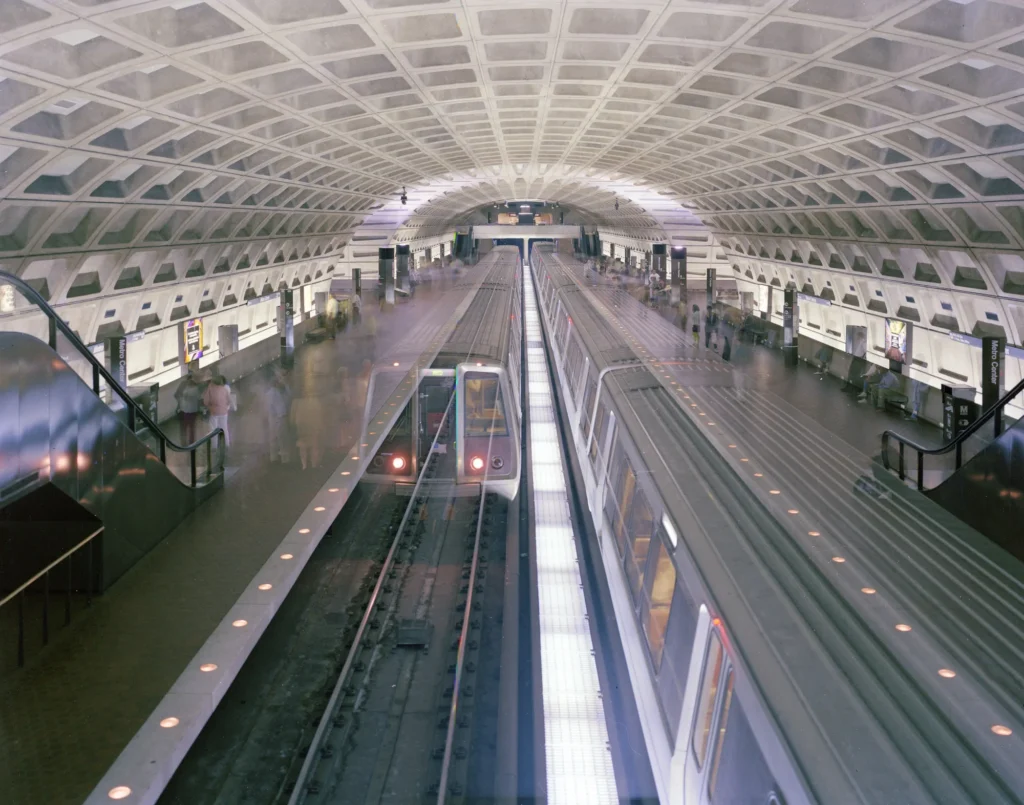 Coffered concrete vault over the platforms at Metro Center station in the Washington Metro